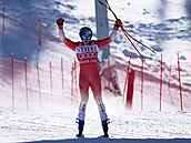 Marco Odermatt v cíli sjezdu v Beaver Creeku.