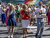 Anna-Karin Hatt (v erveném) bhem prvodu Pride ve Stockholmu v roce 2025....