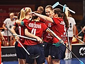 eské florbalistky se radují z trefy proti Dánsku.