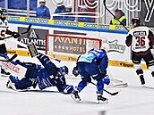 Brnnský branká Stezka pi zákroku proti stele Krejíka.