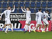 Fotbalisté Slovácka se radují z gólu proti Plzni, trefil se Milan Petrela.