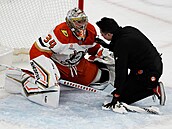 Petr Mrázek z Anaheim Ducks se nechává oetit.
