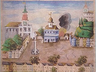 Kresba zachycující nám�stí v Javorníku a místo, kde vznikl po�ár.