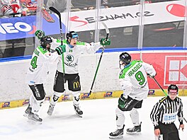 Hrá�i Mladé Boleslavi se radují z gólu na led� Pardubic.