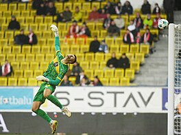 Teplický branká� Trmal se marn� otá�í za st�elou, která skon�ila na b�evn� jeho...