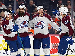 Colorad�tí hokejisté se spolu s asistujícím Martinem Ne�asem (vpravo) radují z...