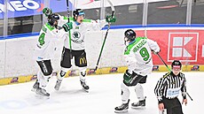 Hrá�i Mladé Boleslavi se radují z gólu na led� Pardubic.