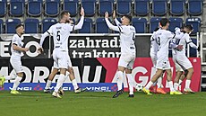 Fotbalisté Slovácka se radují z gólu proti Plzni, trefil se Milan Petrela.