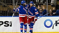 Hokejisté New York Rangers se radují z gólu proti Dallasu.