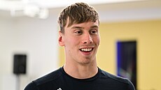 Plavec Jan �ejka na tiskové konferenci p�ed ME v krátkém bazénu 2025 v Lublinu.