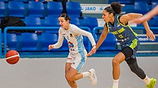 Natálie Vl�ková (vlevo) z Trutnova a Janelle Salaünová z USK Praha bojují o mí�.