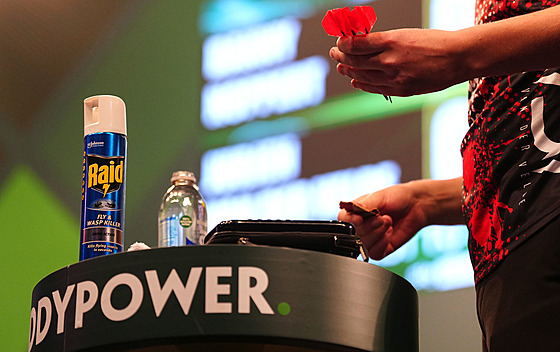 Sprej na hubení hmyzu p�i utkání mistrovství sv�ta v �ipkách.