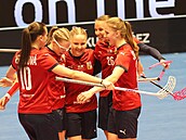 eské florbalistky se radují z gólu.