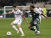 U míe je Denis Viinský z Plzn, napadá ho Erik Palmer-Brown z Panathinaikosu.