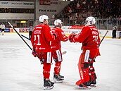 Hokejisté Slavie Jake Gricius (vlevo), branká� Jaroslav Pavelka a Marek Berka...