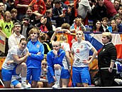 Smutek na st�ída�ce �eských florbalistek po prohraném finále na mistrovství...