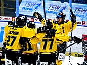 Litvínov�tí hokejisté se radují z gólu proti Spart�.