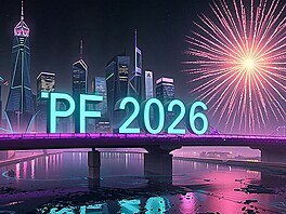 ZonerAI: PF 2026, futuristické m�sto v noci, neonov� osv�tlený most nad �ekou s...