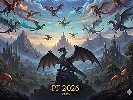 Nakresli p�ání PF. Nápis �2026" svítí na obloze. Kolem lítají draci. Scéna je...