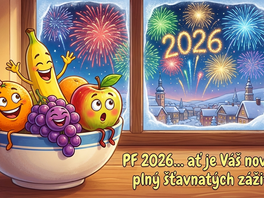 Vytvo� obrázek novoro�ního p�ání pro rok 2026, kde hlavní roli hraje ovoce....