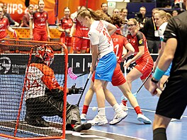 Úto�nice Nikola �tekerová bojuje o mí�ek p�ed �výcarskou branká�kou Larou...