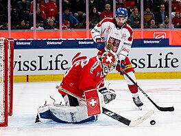 �výcarský branká� Leonardo Genoni likviduje �anci �eského úto�níka Daniela...