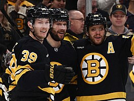 Morgan Geekie, Pavel Zacha a David Pastr�ák (zleva) slaví gól Boston Bruins.