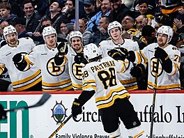 Bostonský k�ídelník David Pastr�ák p�ijímá gratulace ke vst�elenému gólu.