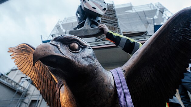 Instalace m�d�n� sochy sokola na sokolovn� v pra�sk�ch Nusl�ch. (11. prosince 2025)