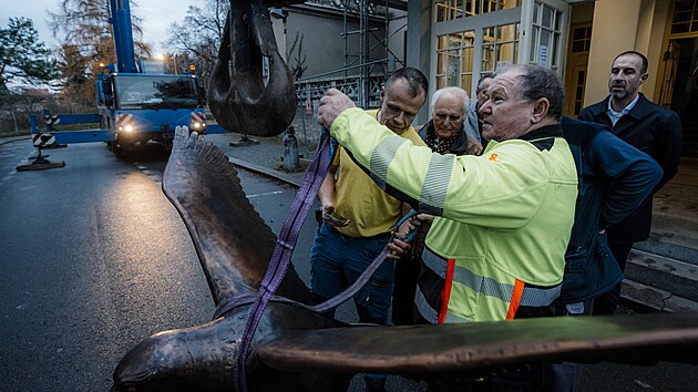 Instalace m�d�n� sochy sokola na sokolovn� v pra�sk�ch Nusl�ch. (11. prosince 2025)