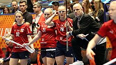 Trenér �eských florbalistek  Luká� Procházka spolu s hrá�kami sleduje utkání s...