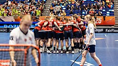 �eské florbalistky se povzbuzují.