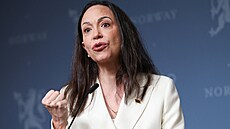 Venezuelská opozi�ní lídryn� María Corina Machadová na tiskové konferenci v...