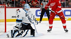 Karel Vejmelka z Utah Mammoth zasahuje v zápase s Detroit Red Wings.