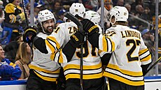 Hokejisté Boston Bruins slaví trefu proti St. Louis Blues.