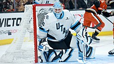 Karel Vejmelka z Utahu bedliv� sleduje d�ní p�ed svou brankou