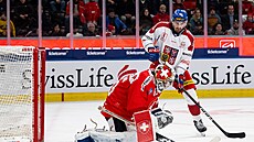 výcarský branká Leonardo Genoni likviduje anci eského útoníka Daniela...