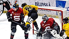 Litvínovský úto�ník David Ka�e letí kolem branká�e b�hem utkání se Spartou.