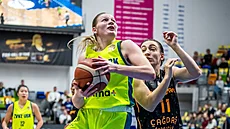 Petra Malíková (vlevo) z USK Praha se tla�í ke ko�i Galatasaray kolem Derin...