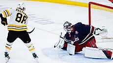 Gólman Eric Comrie (Winnipeg) zasahuje proti pokusu Davida Pastr�áka (Boston).