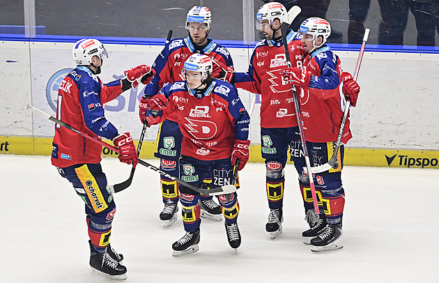 Pardubi�t� hokejist� oslavuj� vst�elen� g�l.