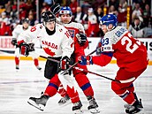 Adam Benák a Tomá� Galvas se sna�í zastavit Camerona Reida.