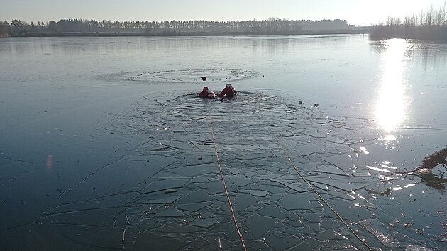 Hasi�i zachra�ovali psa, kter� se v Kosic�ch na Hradecku propadl v ledu do rybn�ka (27. prosince 2025).