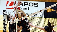 Andrea �trbová a Michaela Drozdová (zleva) z TJ Ostrava blokují útok sme�a�ky...