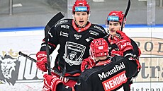 Hrade�tí hokejisté se radují z gólu.