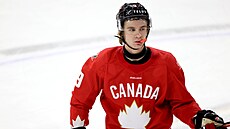 Kanadský talent Gavin McKenna b�hem duelu se �védskem.