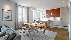 Cihlov� �ervená hraje prim v jinak klidné bé�ové kuchyni dopln�né subtilní...