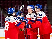 Hokejisté �eské dvacítky se radují ze vst�elené branky. Zleva Tomá� Poletín,...
