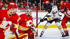 Pavel Zacha (18) z Boston Bruins zakon�uje v zápase s Calgary Flames o betonu...