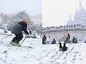 Sníh prom�nil Pa�í� v zimní h�i�t�, lidé ly�ovali i sá�kovali na Montmartru
